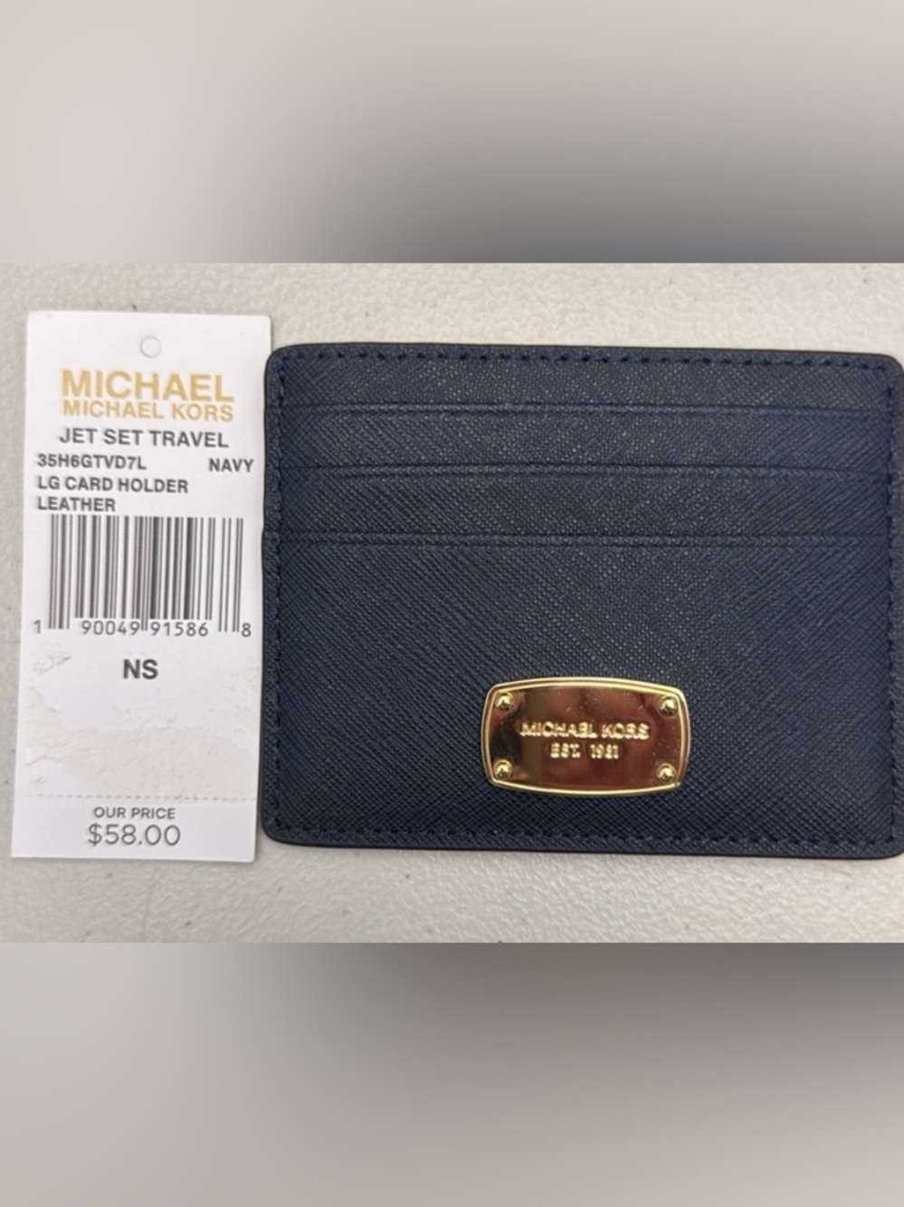 MICHAEL Michael Kors Navy Leather Card Holder with Gold Plate
